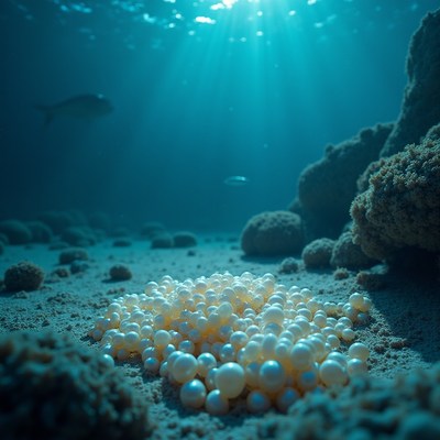 Underwater view of a cluster of pearls on the ocean floor