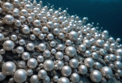 Underwater view of shimmering pearls on the ocean floor