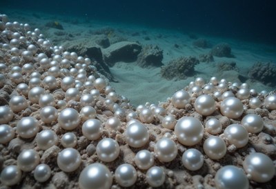 Underwater view of countless pearls scattered on ocean floor