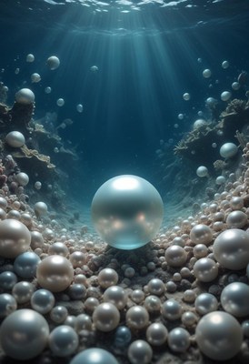 Underwater scene filled with shimmering pearls and corals