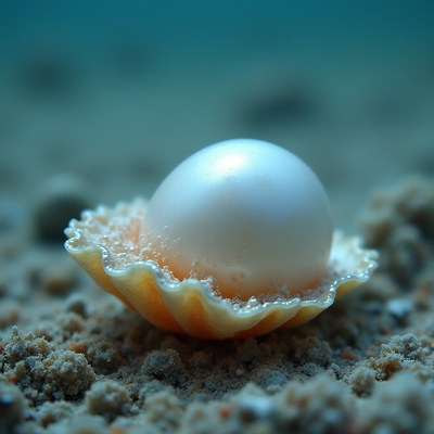 Beautiful pearl nestled in a scallop shell underwater
