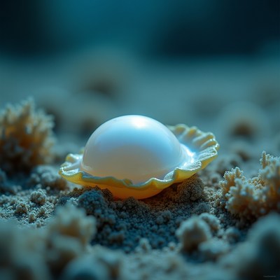 Beautiful pearl inside an oyster in underwater setting
