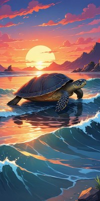 Turtle swimming in ocean waves at sunset