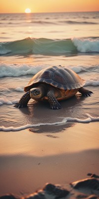 Turtle emerging from the waves on a sandy beach at sunset