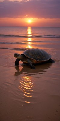 Sea turtle moving along the shore at sunset