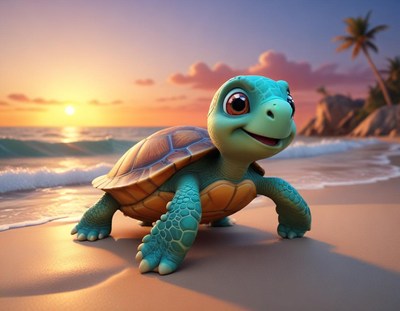 Cheerful turtle explores a beach at sunset