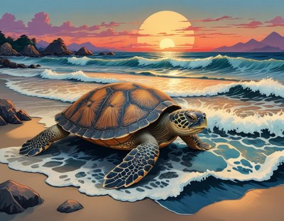 Sea turtle walking along the shore at sunset