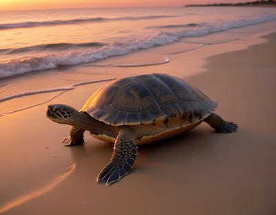 Turtle walking along sandy beach at sunset near ocean waves