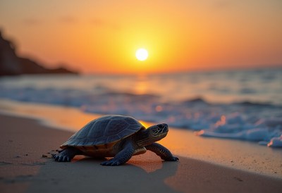 Turtle strolls along the beach at sunset