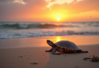 Turtle on the beach at sunset near the ocean