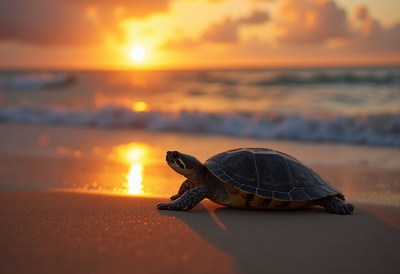 Sea turtle at sunset on the beach