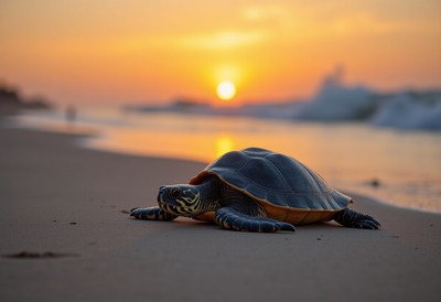 Turtle crossing sandy beach at sunset