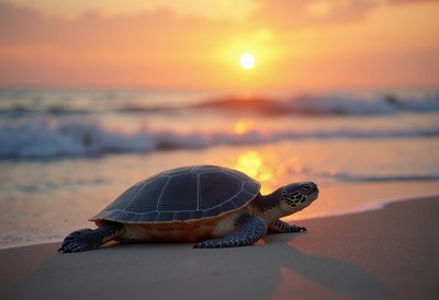 Turtle on the beach at sunset near the ocean's edge