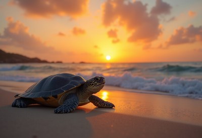 Turtle crawls on sandy beach at sunset