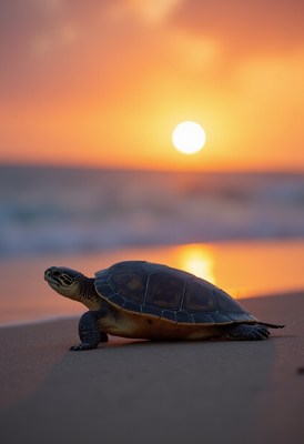 Turtle moves along the beach during sunset by the ocean