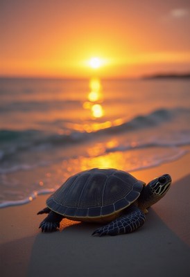 Turtle makes its way to the ocean at sunset