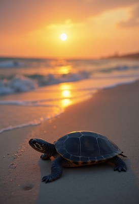 Sea turtle on sandy beach during sunset in the evening