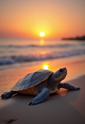 Turtle makes its way to the ocean at sunset