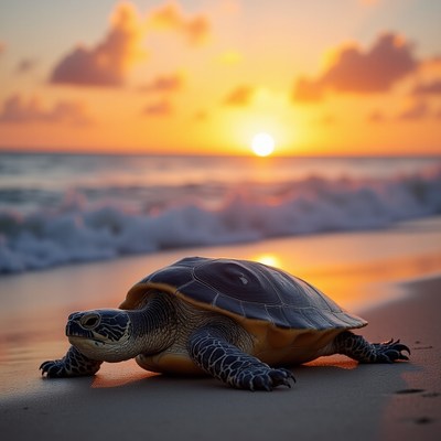 Sea turtle walks along the shore at sunset