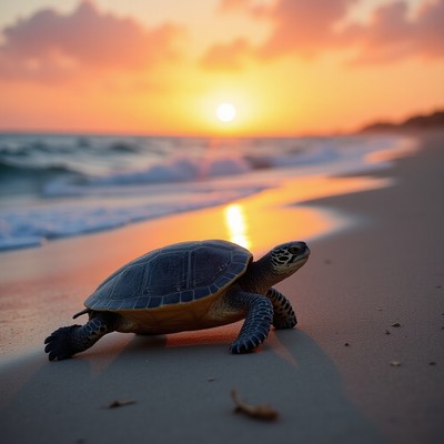 Turtle walking on the beach at sunset near the ocean