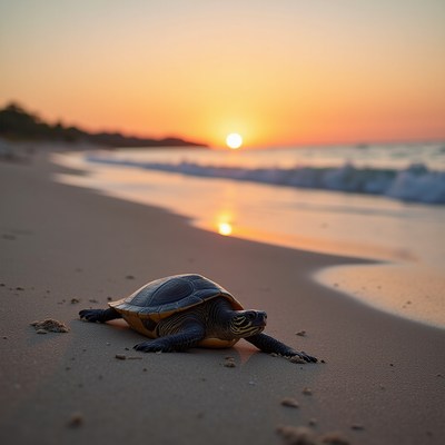 Turtle moving along sandy beach at sunset