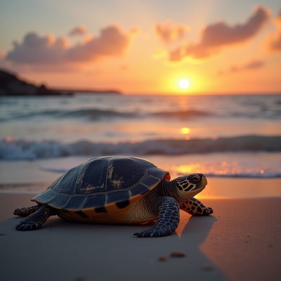 Turtle nestling on sandy beach at sunset