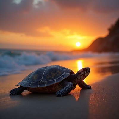 Turtle rests on the shore at sunset
