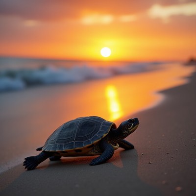 Turtle walking on sandy beach at sunset