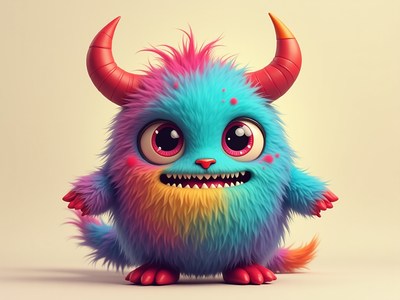 Cute blue and pink furry monster with big eyes