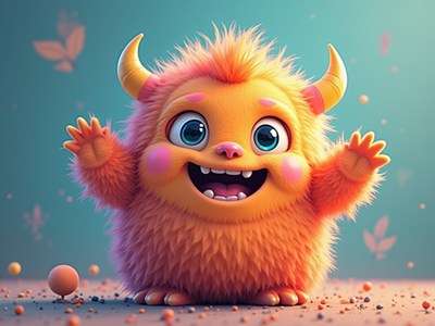 Colorful friendly monster in playful atmosphere