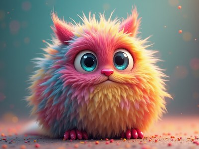 Fluffy colorful creature with big blue eyes sits still