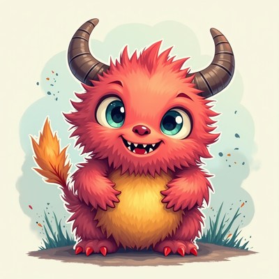 Cute furry monster with big eyes and horns standing happily