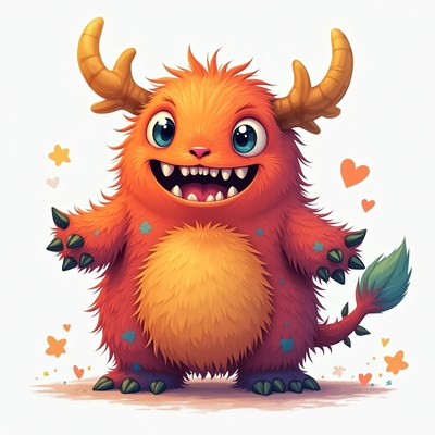 Colorful friendly monster with big smile and horns