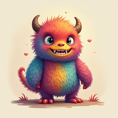Playful furry monster with colorful fur and a big smile