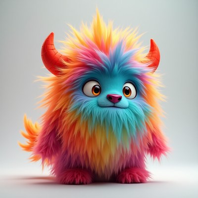 Colorful fluffy creature with oversized eyes and horns