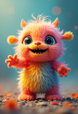Colorful fluffy creature stands in bright environment