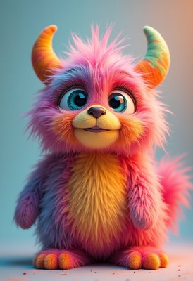 Colorful furry creature with big eyes and horns