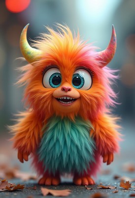 Brightly colored furry creature smiling on a city street