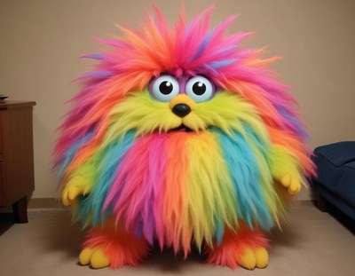 Colorful furry creature with vibrant hair standing indoors