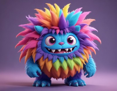 Colorful fluffy monster with playful expression in studio