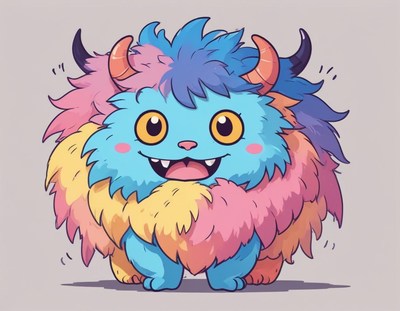 A cute monster with fluffy, multicolored fur smiles joyfully