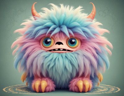 Cute colorful monster with fluffy fur and big eyes