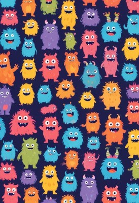 Colorful cartoon monsters gather together in a fun pattern