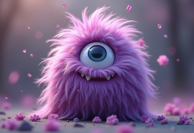 Purple monster among pink flowers in the sun