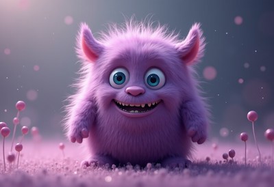 Cute purple monster with big eyes on sparkling ground