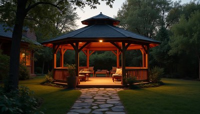 Cozy gazebo illuminated in the evening light