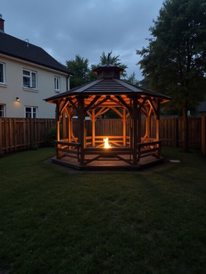 Cozy gazebo with a warm fire at twilight outdoors