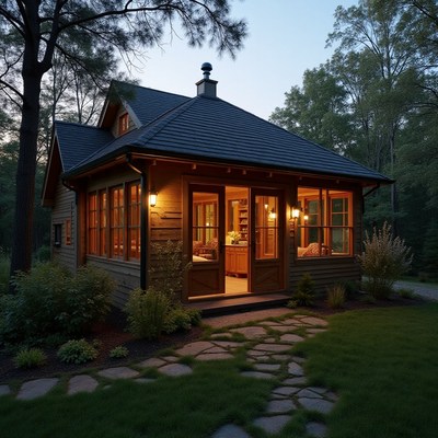 Cozy cottage illuminated at dusk surrounded by trees