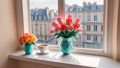 Colorful paper flowers by the window with coffee