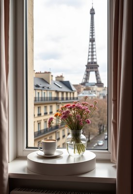 Coffee and flowers with a view of the eiffel tower